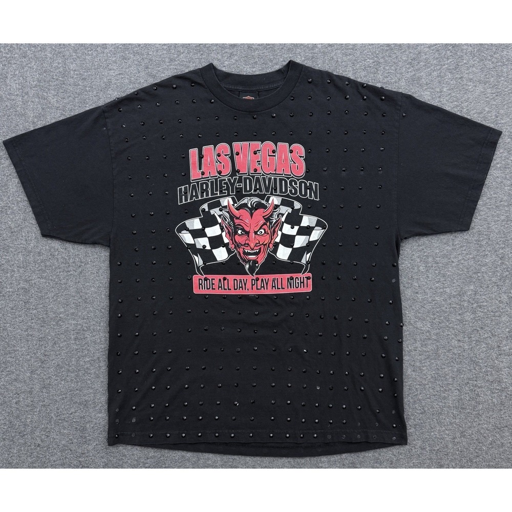 Harley Davidson Shirt Mens XXL Las Vegas Black Devil Embellished Biker Racing *
